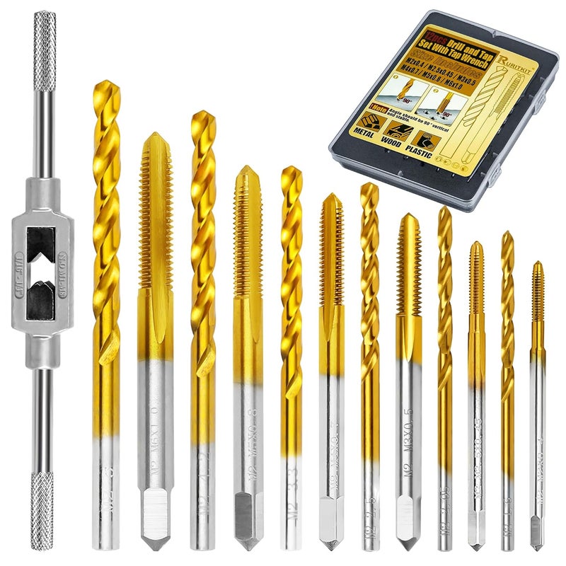 RURITKIT 12Pcs Metric Drill and Tap Set with 1Pc Tap Wrench, M2 HSS Thread Tap Set from M2 to M6, Combination of Drill and Tap Set for Metal,with Box - Image 1